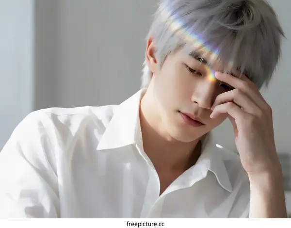 A Young Man with Silver Hair Wearing a White Shirt