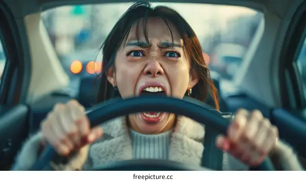 Furious Asian woman driving car