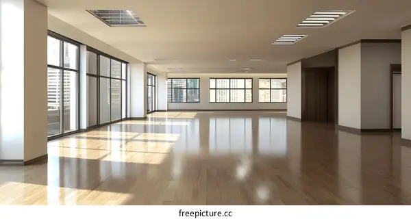 Empty Modern Office with Large Windows and Sunlight