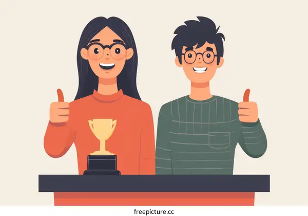 Illustration of two people celebrating with a trophy