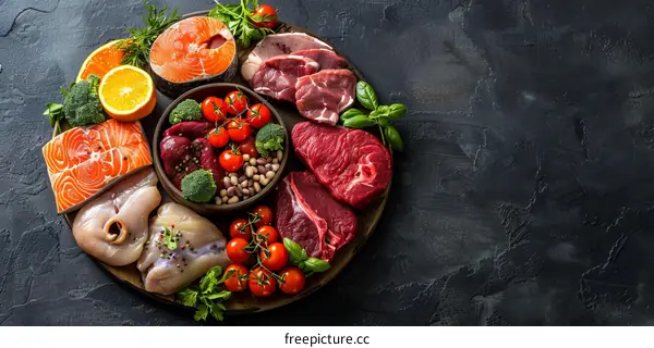 Meat, Fish and Vegetables Arranged on White Surface