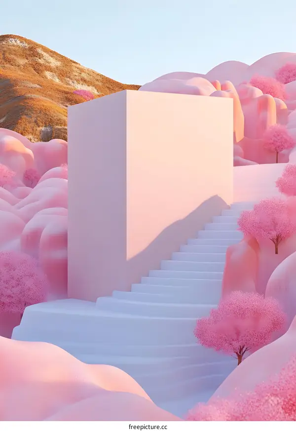 Pink Surrealist Landscape with Stairs and Abstract Trees