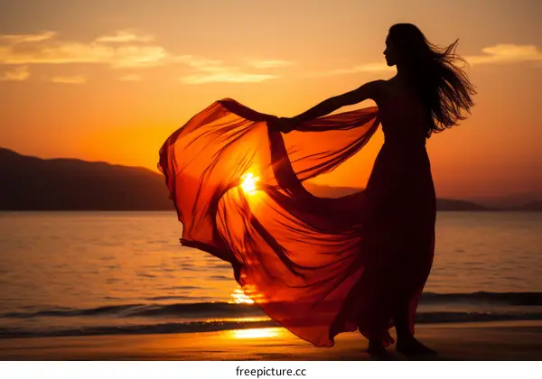 Graceful woman dancing on the beach at sunset