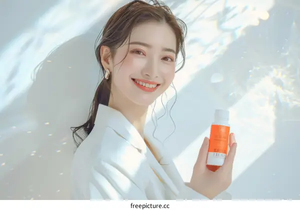 Asian woman holding a bottle of supplement in her hand