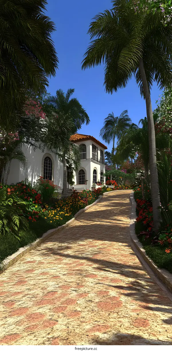 Tropical House with Palm Trees and Cobblestone Driveway