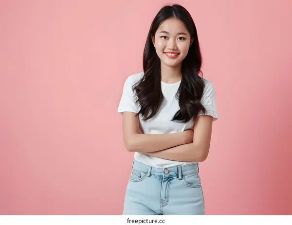 Portrait of an Asian Woman Smiling with Arms Crossed on a Pink Background
