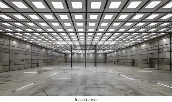 Empty Room with Grid Ceiling and Fluorescent Lights