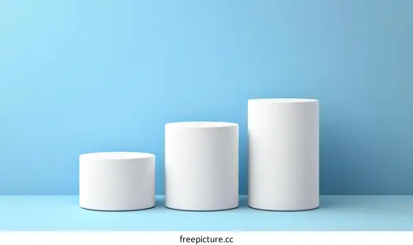 Three White Cylindrical Pedestals on Blue Background