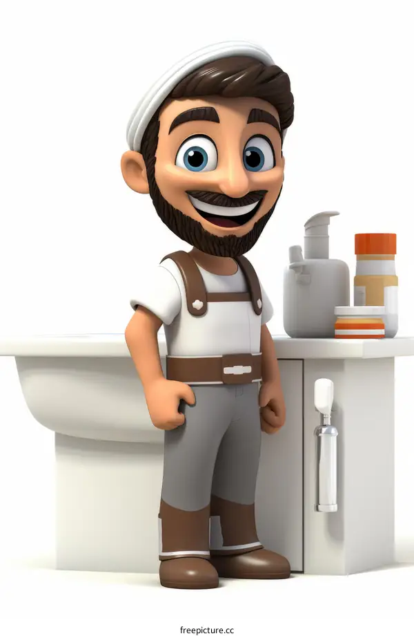 Cartoon plumber with beard standing next to a sink