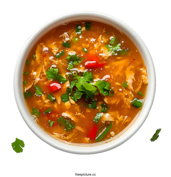 [Transparent Background PNG]Top view of delicious chicken noodle soup with vegetables and greens