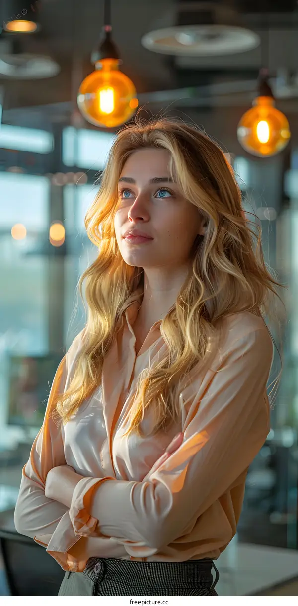 Young Woman with Blonde Hair Looking Up in Office Setting