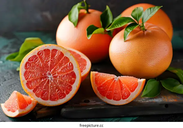 Fresh Red Grapefruit with Green Leaves on a Rustic Wooden Table
