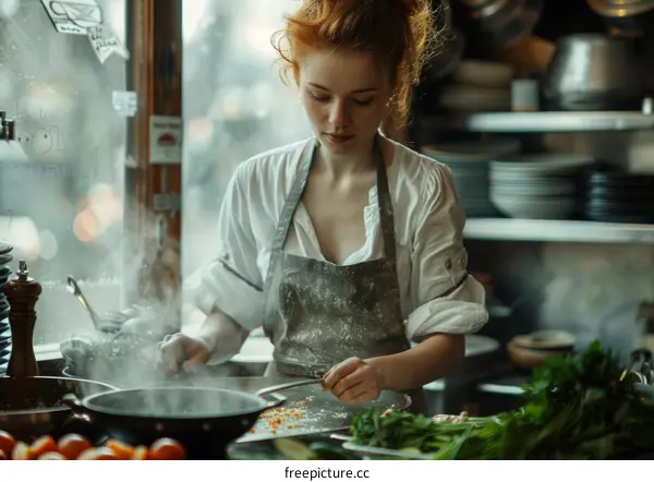 Redheaded Woman Cooking in a Commercial Kitchen