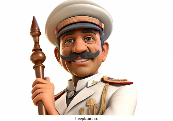 Smiling dictator with brown mustache and white uniform