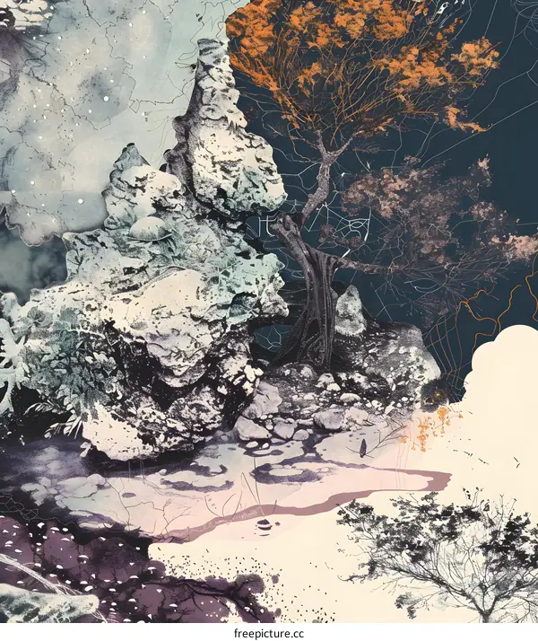 Abstract Watercolor Landscape Illustration with Trees and Rocks