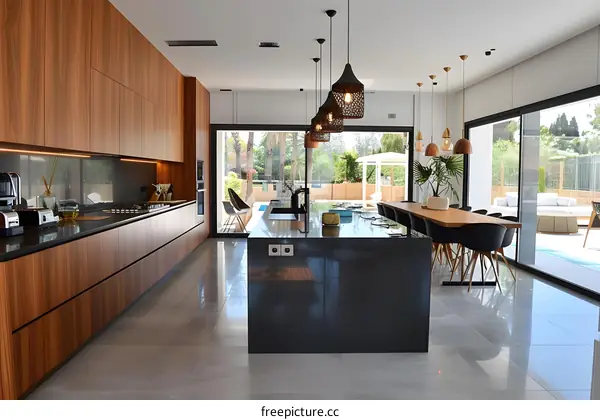 Modern Kitchen Design with Island and Sliding Doors to Backyard