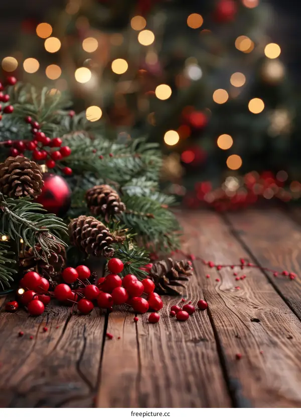 Christmas decoration with red berries and baubles on a wooden table