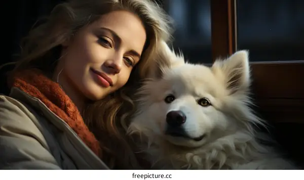 Smiling woman with a white dog