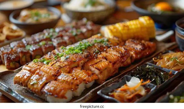 Grilled Eel Sushi Platter with Side Dishes