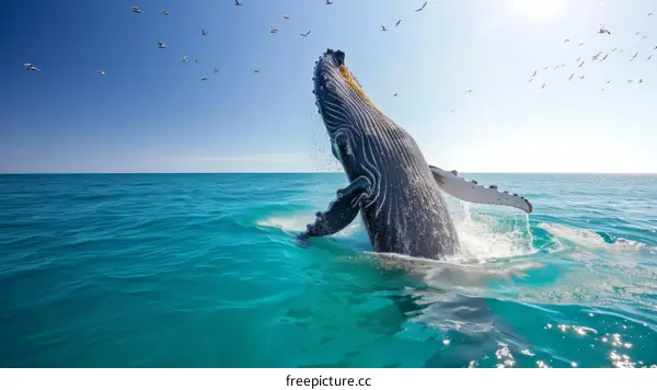 Humpback whale breaching the ocean surface with seabirds flying overhead