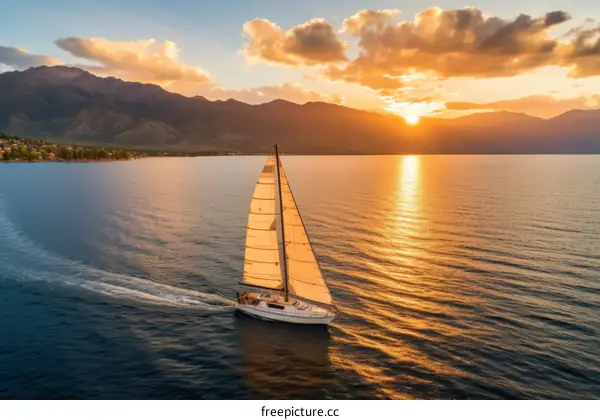 Sailboat on the sea at sunset with mountains in the background