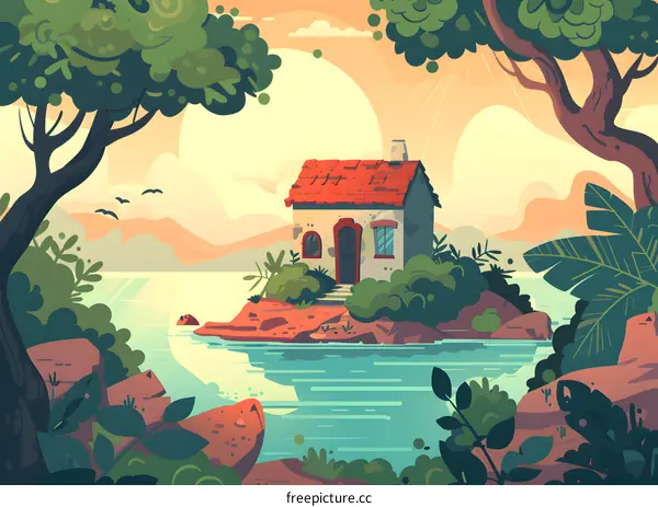Small Cottage on an Island in the Lake