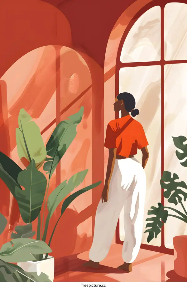 Woman Looking Out Window in Red and Orange Room