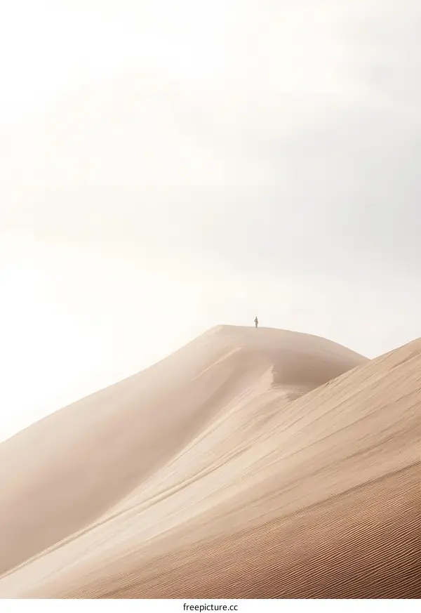 A lone figure stands on a sand dune in the desert