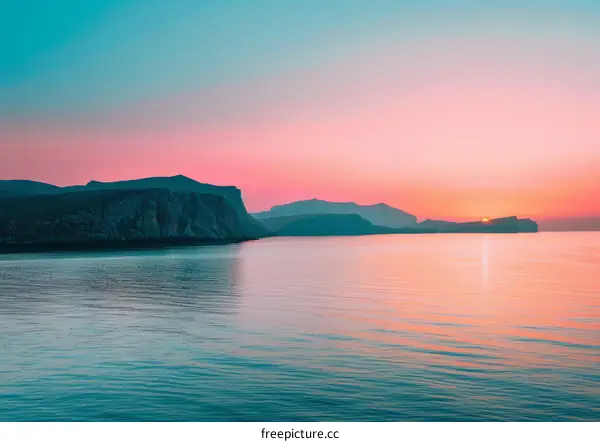 Beautiful sunset over calm sea with rocky mountains in background