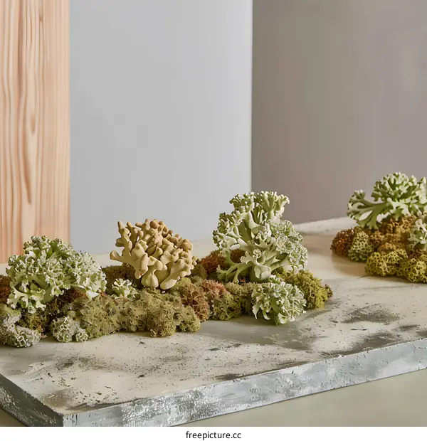Closeup of Green Moss and Lichen Arrangement on a Grey Table