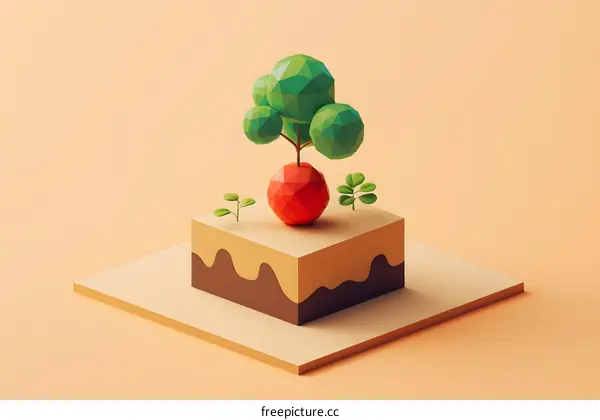 Low Poly Tree Growing On A Platform
