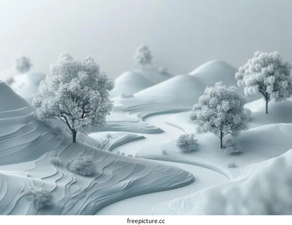 White 3D Landscape with Hills and Trees