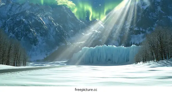 Winter Landscape with Northern Lights and Snow Covered Mountains