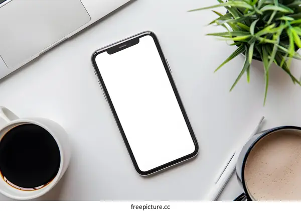 White Desk with Coffee Cups, a Laptop, and a Smartphone