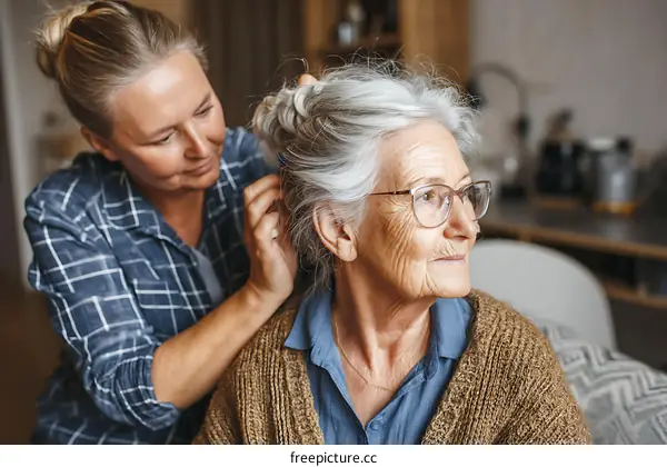 Caregiver Assisting Elderly Woman with Hair