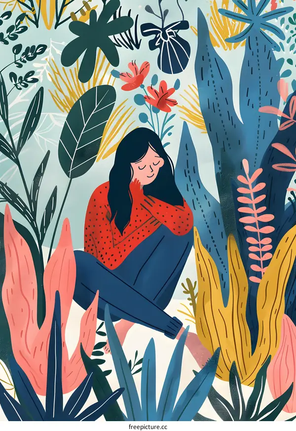 Woman Sitting In Lush Green Garden Illustration