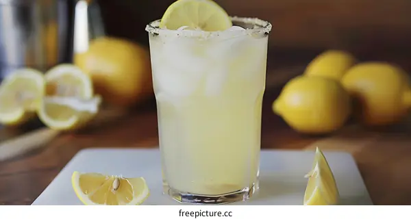 Glass of Lemonade with Lemon Slices and Ice Cubes