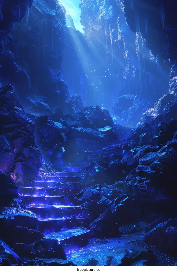 Mystical Blue Grotto with Ethereal Luminescent Stairway