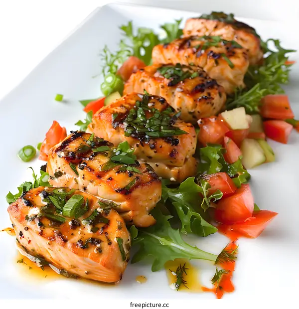 Grilled Salmon with Salad and Herbs on a White Plate