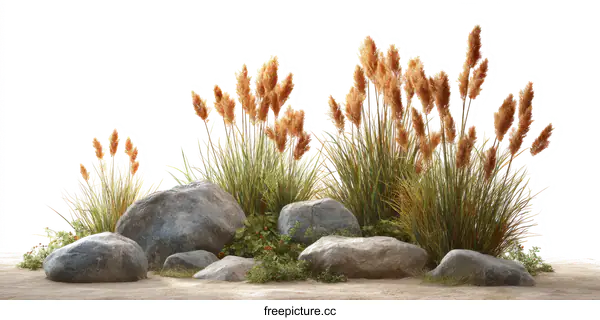[Transparent Background PNG]Autumnal Grass and Stones Landscape Design