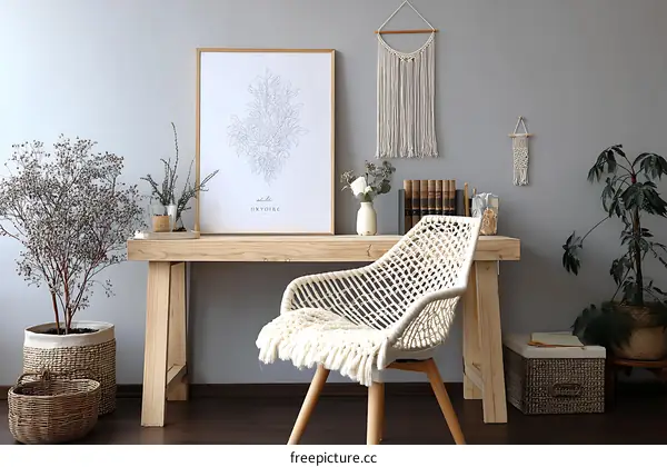 Modern Farmhouse Study Room Decor Featuring a Wooden Desk and Plants