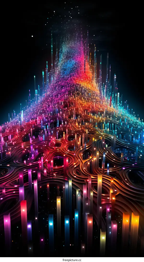 A digital landscape with colorful glowing lines and shapes