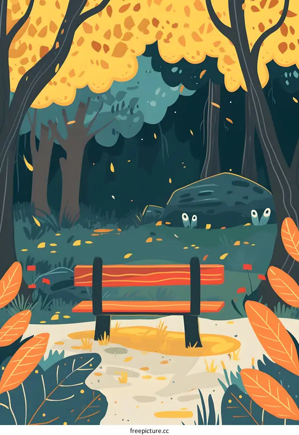 Autumn Park Bench Illustration With Trees And Falling Leaves