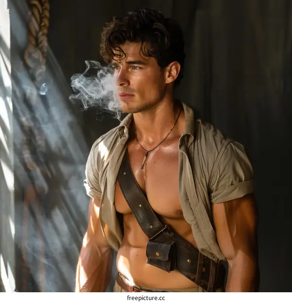 Portrait of a Rugged Male Model Smoking