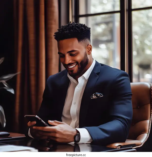 Smiling Black Man in Suit Uses Smartphone in Office Setting