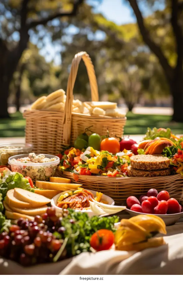 A picnic in the park with a variety of food
