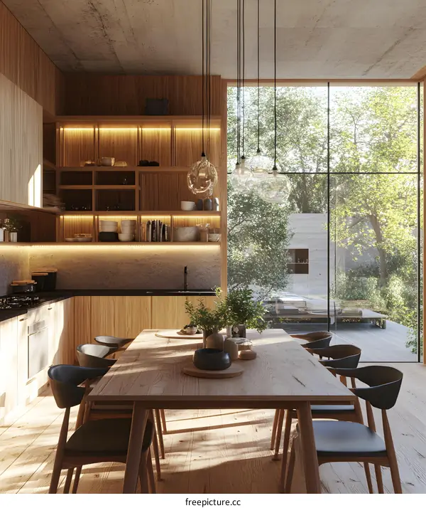 Modern Kitchen Design With Large Windows And Wooden Furniture
