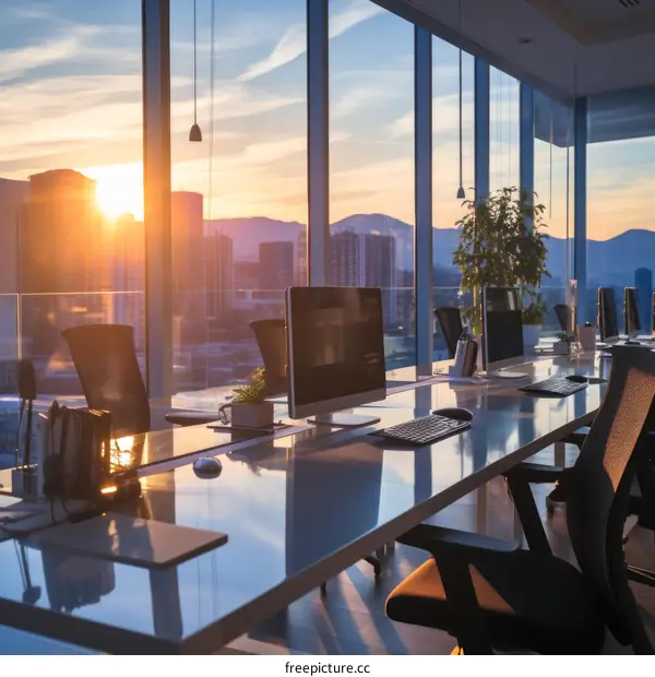 Modern office interior with empty workstations at sunset