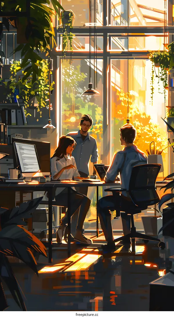 Three people in a creative office space