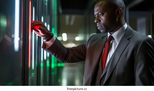 Black man in suit and tie using futuristic touch screen interface